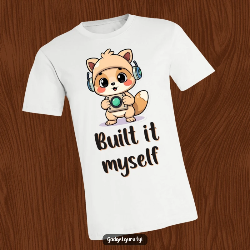 Funny Cheerful Animal Character Proudly Holding Up a Newly Assembled Whimsical Gadget T-Shirt, Creative Apparel.