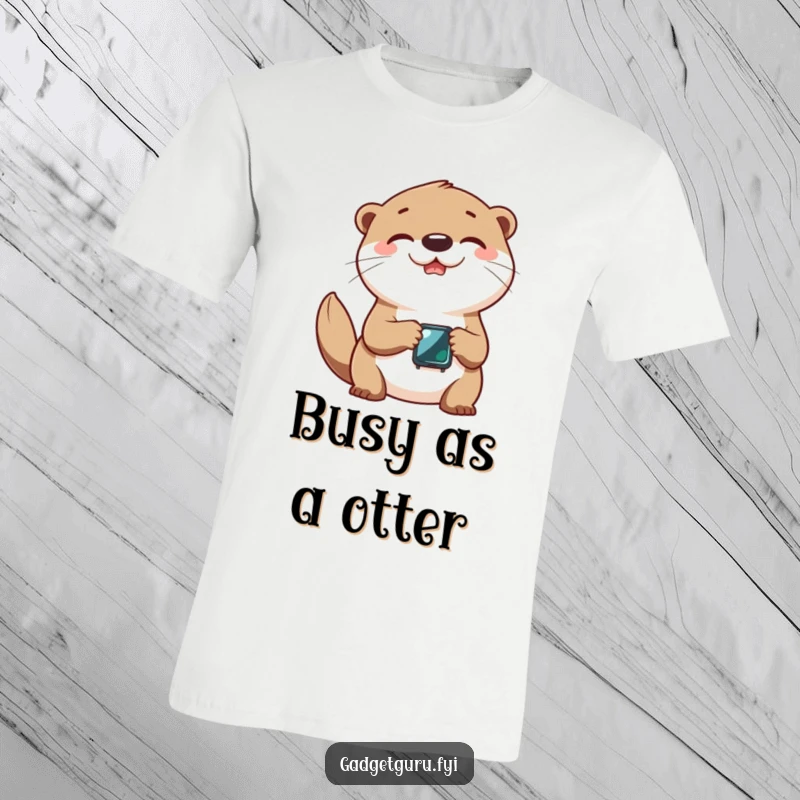 Funny otter t-shirt featuring a cheerful character gleefully playing with a miniature, modern smartwatch.