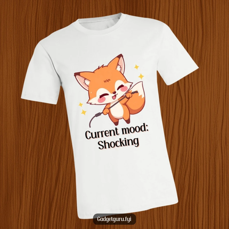 Funny t-shirt depicting a mischievous fox character playfully zapping a wire, causing sparks and embodying a cheeky attitude.