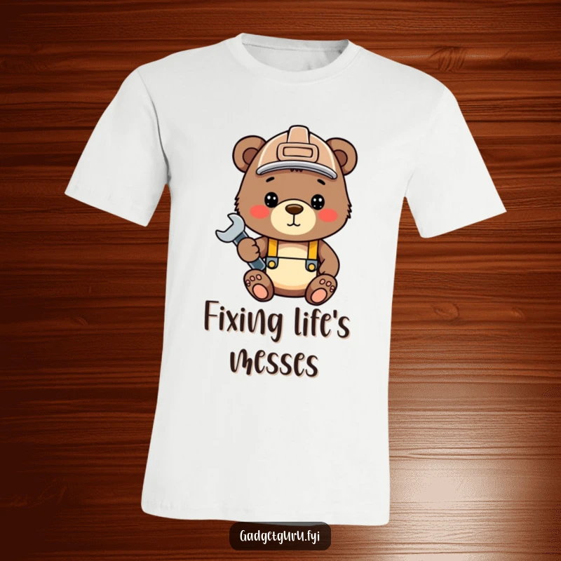Funny bear cub t-shirt, wearing a hard hat and holding a wrench, symbolizing a cute and capable builder.