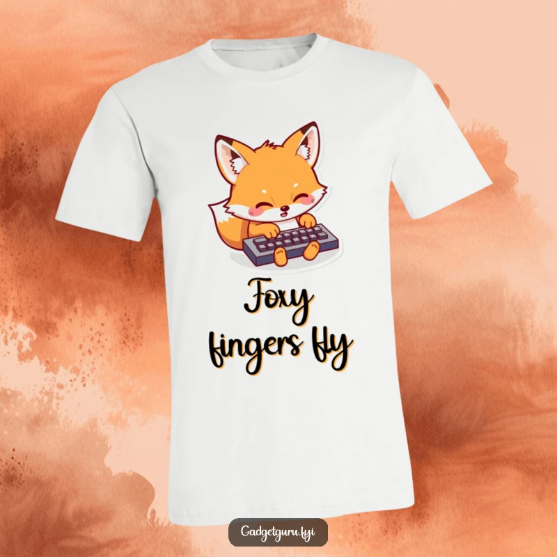 Funny Kawaii Fox T-Shirt: Cute cartoon fox intensely typing on a mini keyboard, showcasing dedication and tech-related humor.