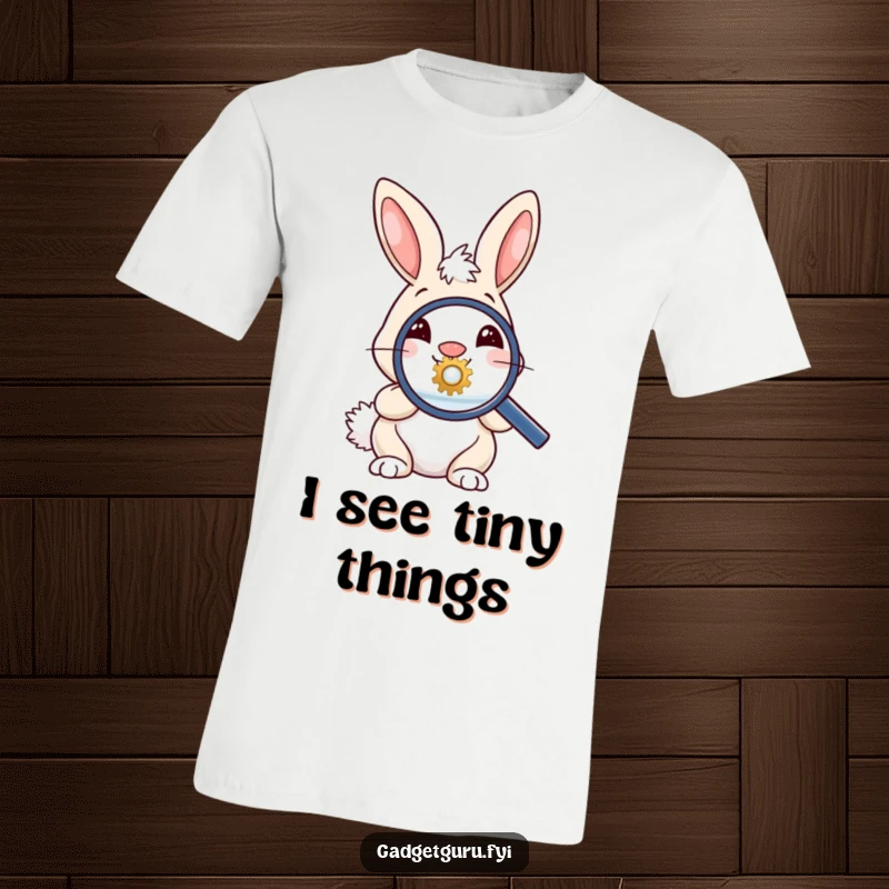 Funny t-shirt of a cheerful bunny, magnifying glass in paw, focused on a tiny gear, a symbol of detailed exploration and humor.