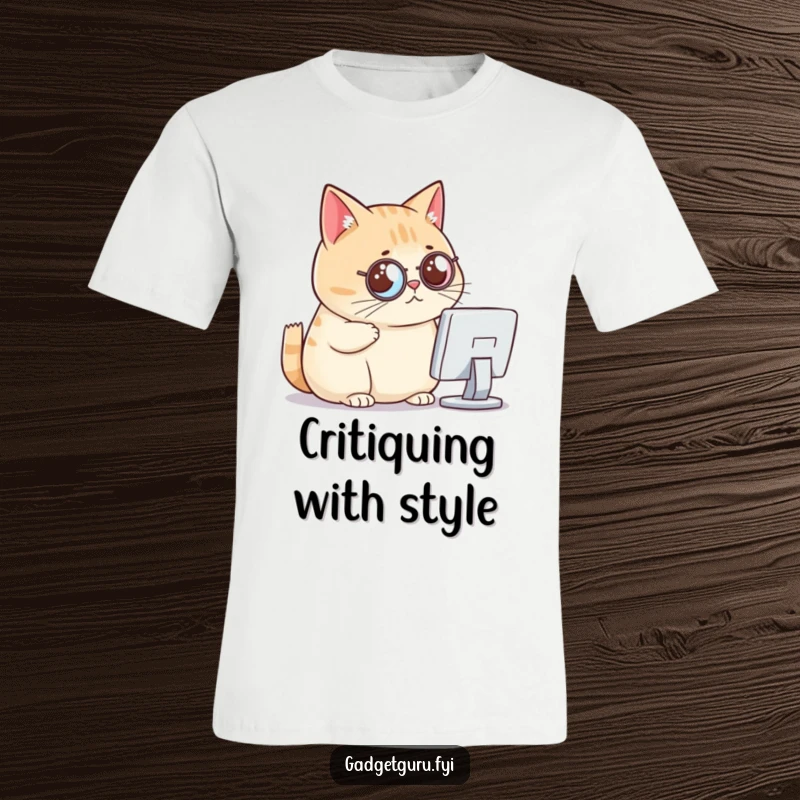 Funny cat t-shirt, a chubby cat with a monocle critically viewing a tiny computer screen, representing tech snobbery.