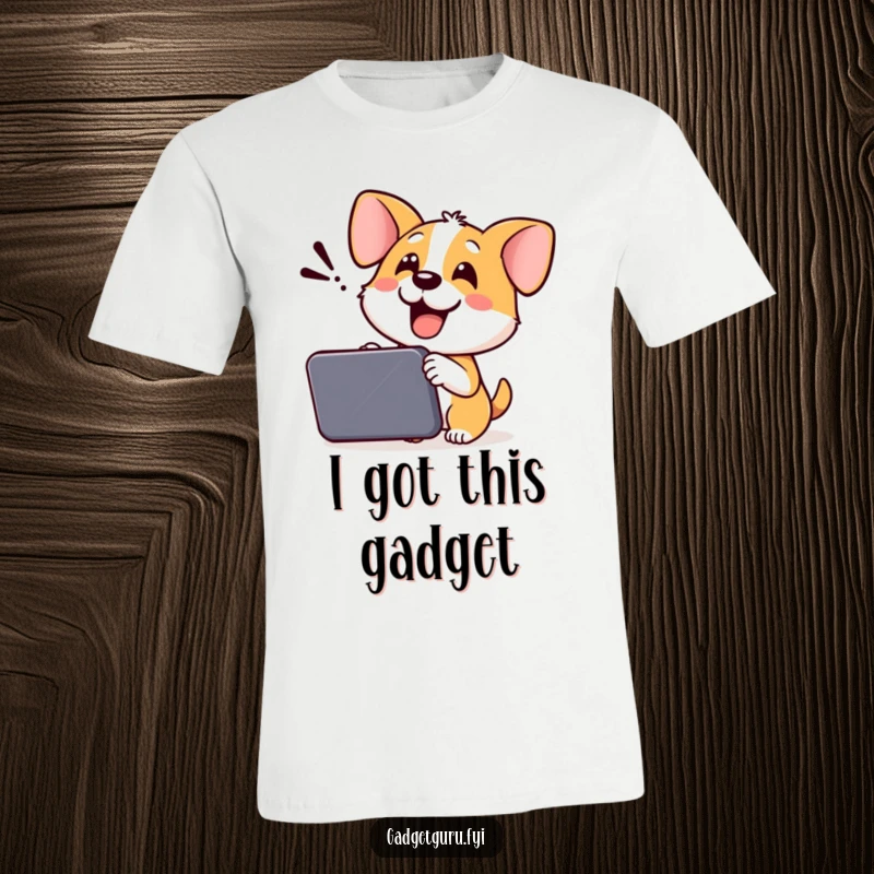 Funny Dog T-Shirt: A cheerful dog excitedly demonstrates a new electronic device with a vigorous tail wag.