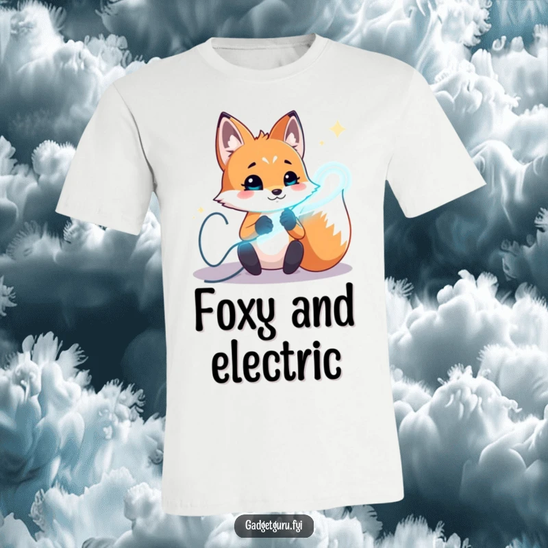 Funny fox t-shirt featuring a playful character experimenting with luminous, glowing wires, representing creativity and risk-taking.