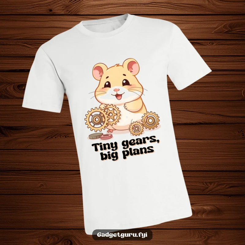 Funny hamster t-shirt featuring a smiling character enthusiastically working with tiny gears, representing meticulous craftsmanship.