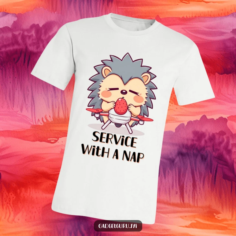 Funny Hedgehog T-Shirt: A sleepy hedgehog pilots a small drone to deliver a berry with gentle focus.