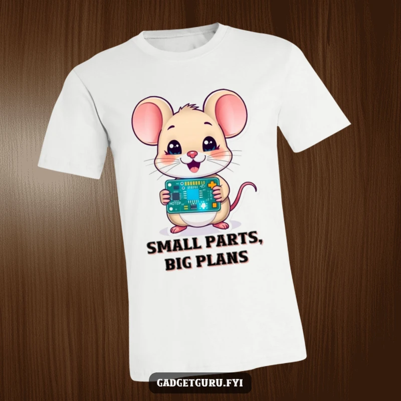 Funny delighted mouse character holding a blinking circuit board, showcased on a t-shirt, ideal for nerdy and humorous tech attire.