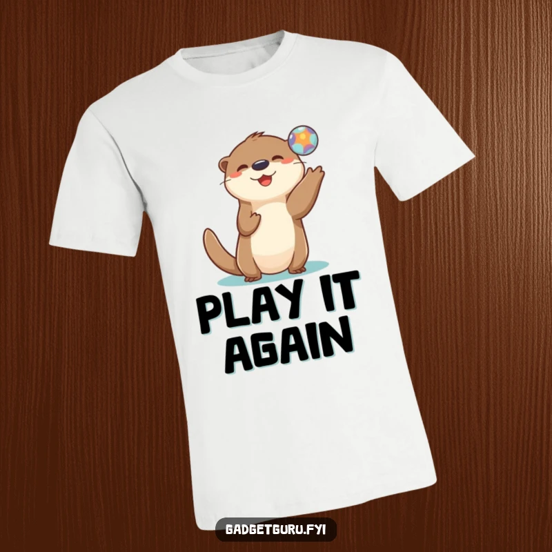 Funny t-shirt featuring a playful otter character tossing a small, luminous digital orb with an expression of delight.