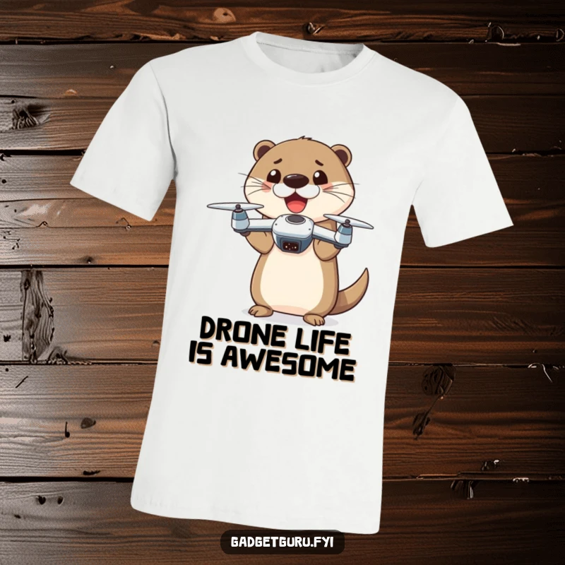 Funny otter character proudly presenting a tiny drone, symbolizing joy and technological fun, on a comfortable t-shirt.