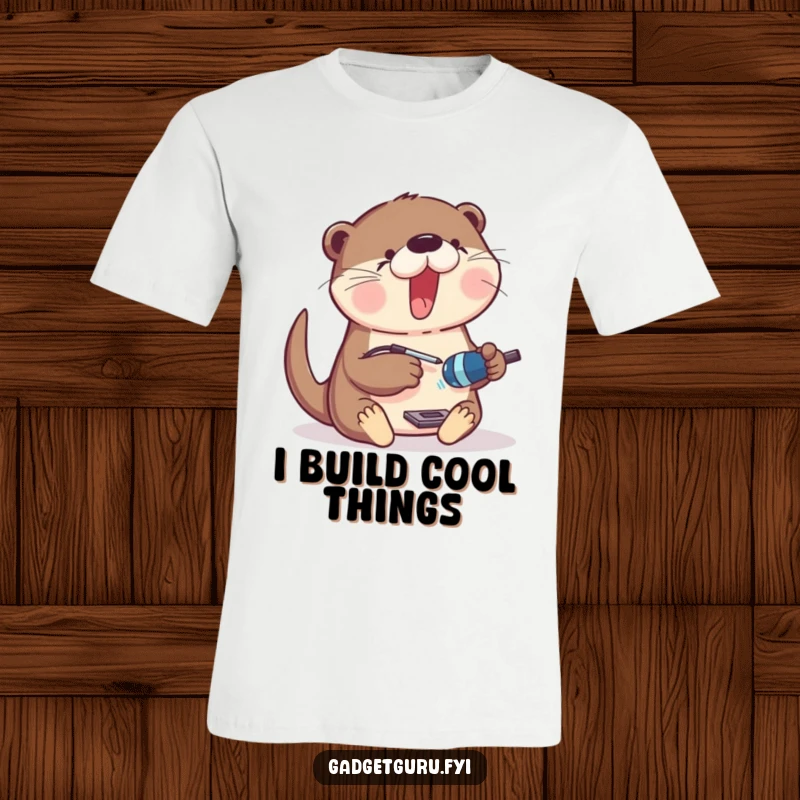 Funny T-Shirt depicting a playful otter with a tiny soldering iron, fully engrossed in building a cool new gadget.