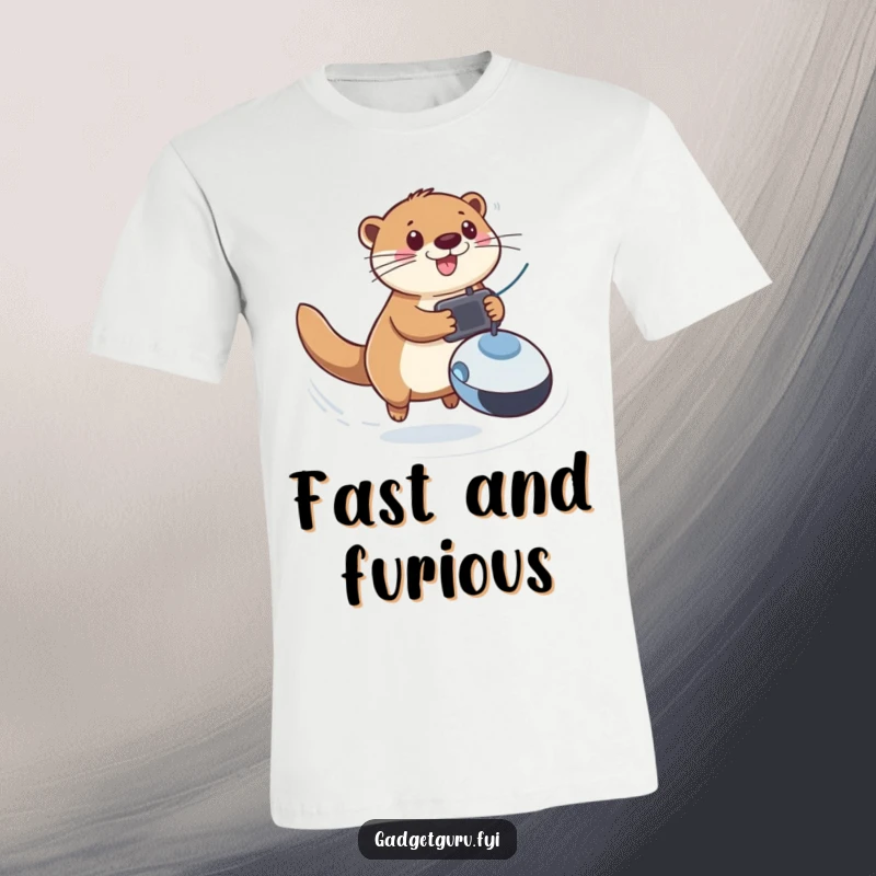 Funny t-shirt featuring a cheerful otter speeding with a remote-controlled toy, highlighting fun and playful action.