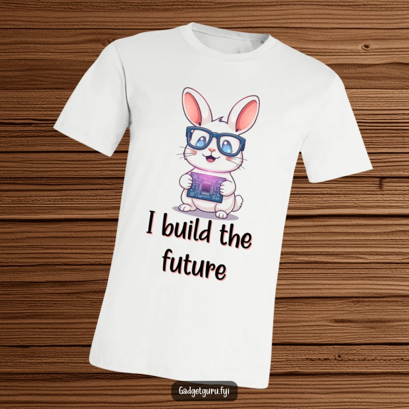 Funny Rabbit Scientist T-Shirt: A rabbit in tiny glasses excitedly holds a glowing circuit board, embodying scientific exploration.