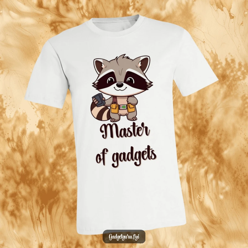 Funny Raccoon Fixer T-Shirt: A cheerful raccoon character wearing a tool belt, humorously fixing a gadget, perfect for DIY lovers.