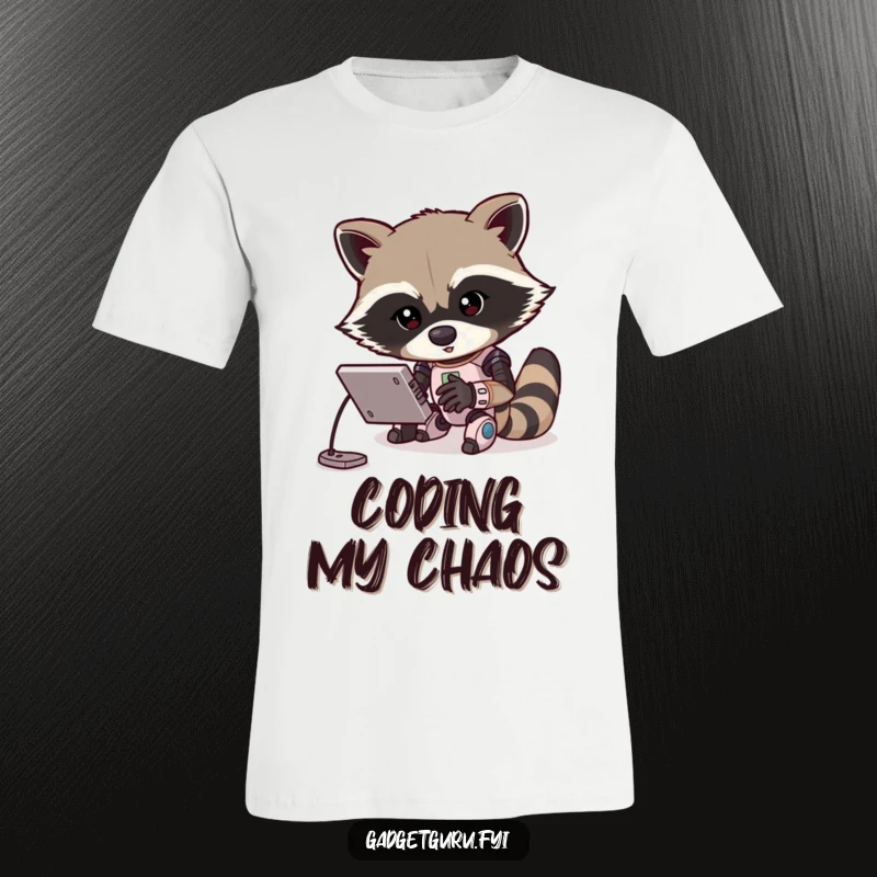 Funny t-shirt showing a focused raccoon energetically coding a miniature robot. A humorous and relatable design for programmers and tech lovers.