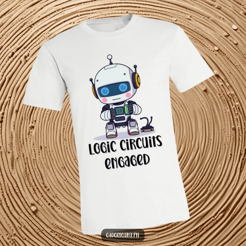 Funny t-shirt graphic of a small robot character happily and precisely assembling a tiny, glowing electronic circuit.