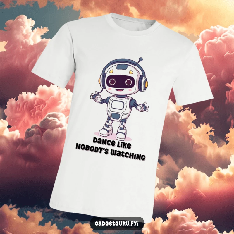 Funny t-shirt print of a happy robot wearing tiny headphones and dancing, with glowing wires creating a dynamic, electronic music vibe.