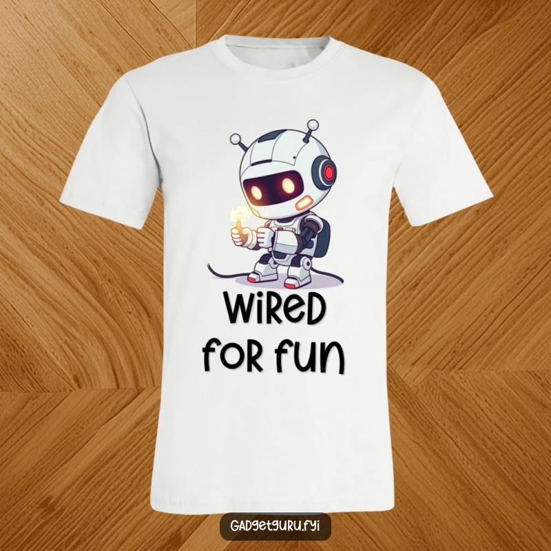 Funny T-Shirt featuring a cute robot character enthusiastically tinkering with a glowing wire, celebrating invention and tech.