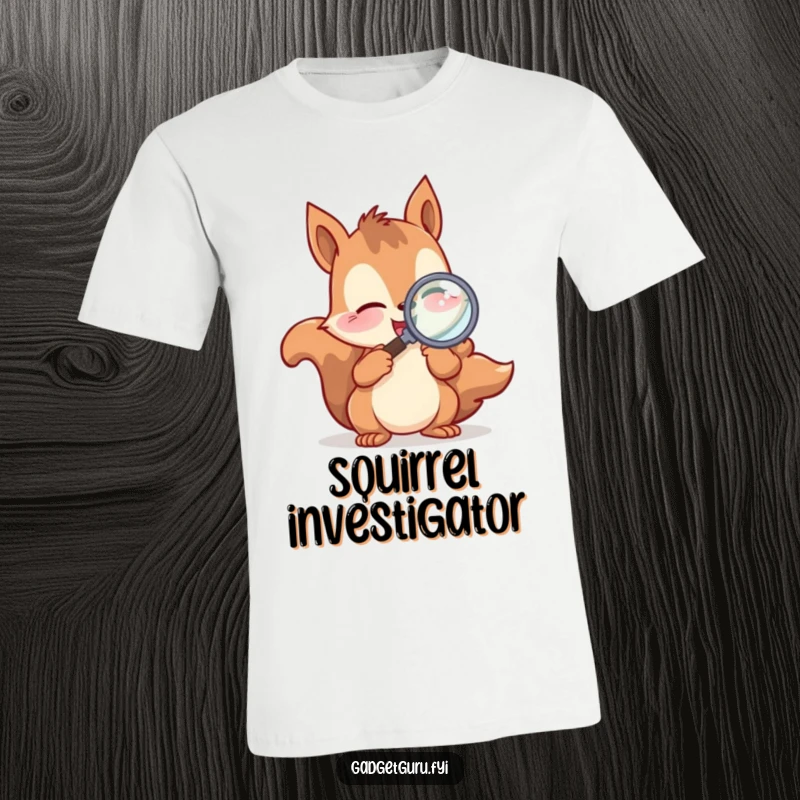 Funny T-Shirt featuring a playful squirrel character excitedly examining with a magnifying glass, celebrating nature and discovery.