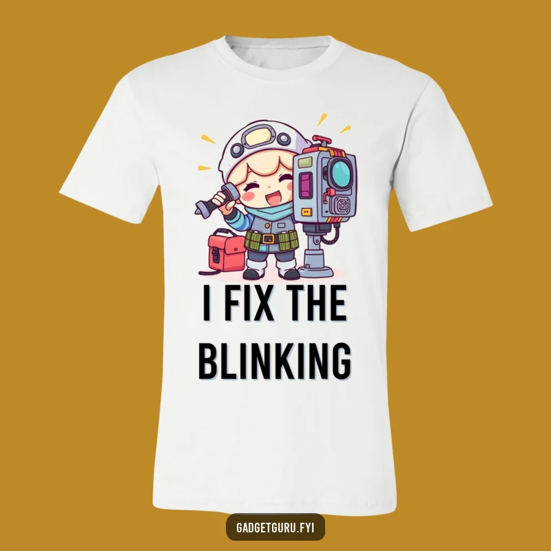 Funny Gadget Tinkerer T-Shirt: Hilarious Toolkit Character Adjusting Blinking Light, Great Gift