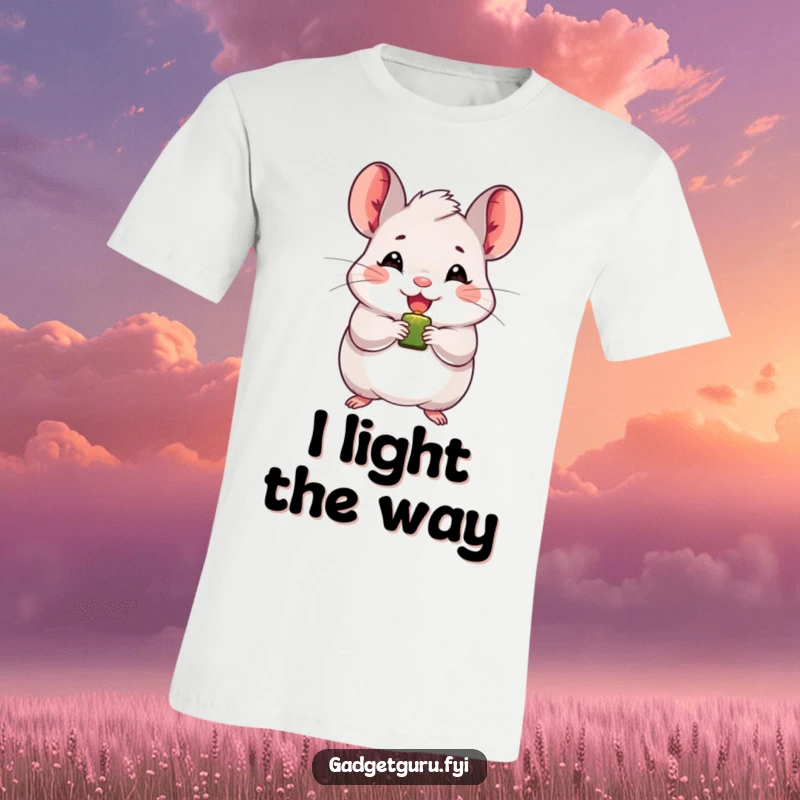 Funny chinchilla t-shirt featuring a joyful character holding a small, blinking light, symbolizing brightness and cheerful energy.