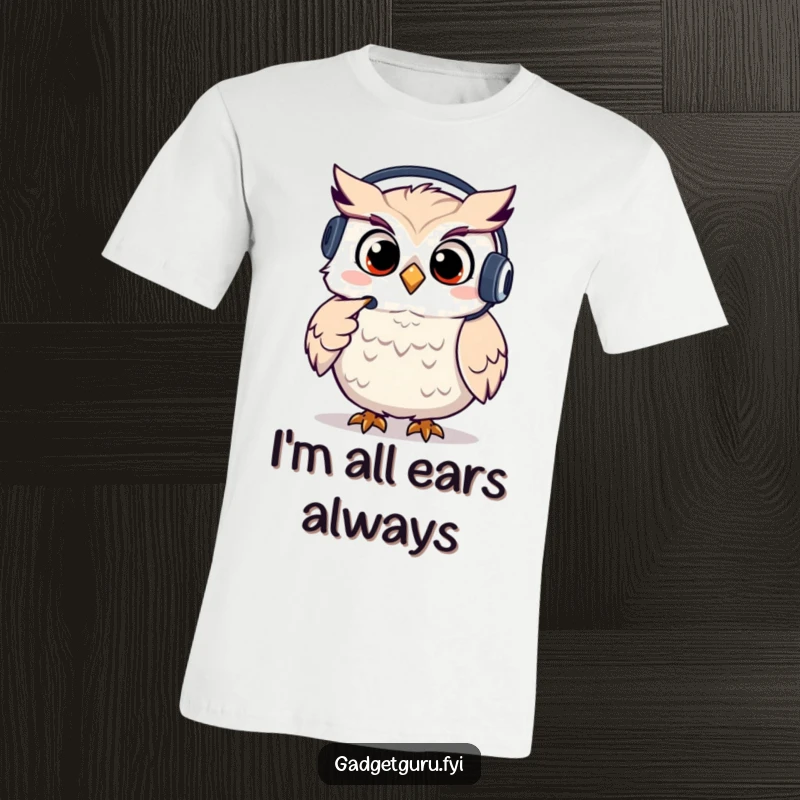 Funny owl t-shirt featuring a giggling character wearing a headset and pointing, embodying excellent customer service and humor.