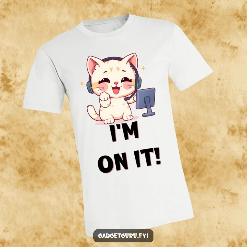 Funny T-Shirt depicting a delighted kitten wearing a headset, pointing excitedly at a screen, celebrating a victory.