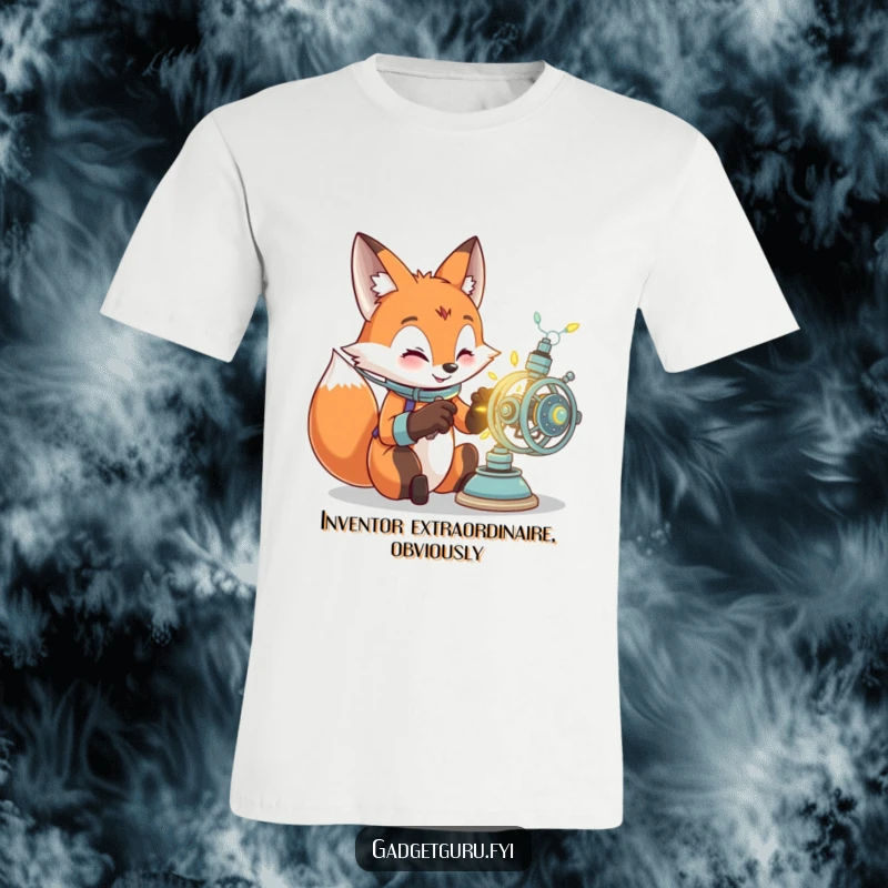 Funny t-shirt depicts an energetic fox character intensely focused on building a glowing, intricate contraption, celebrating inventive minds.