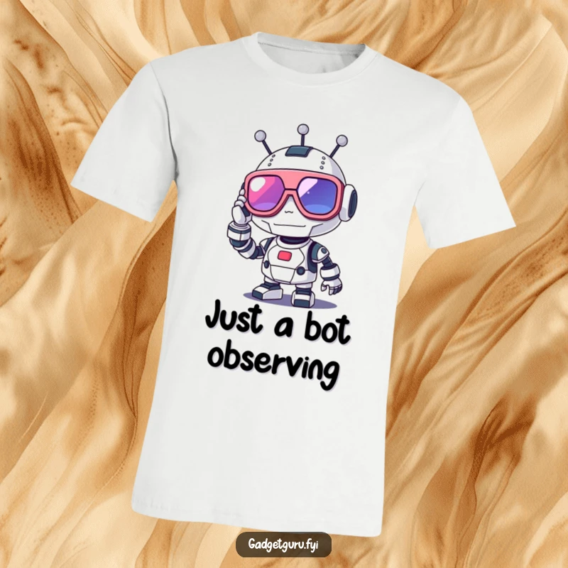Funny robot t-shirt featuring a cute character adjusting oversized, high-tech glasses, perfect for tech fans.