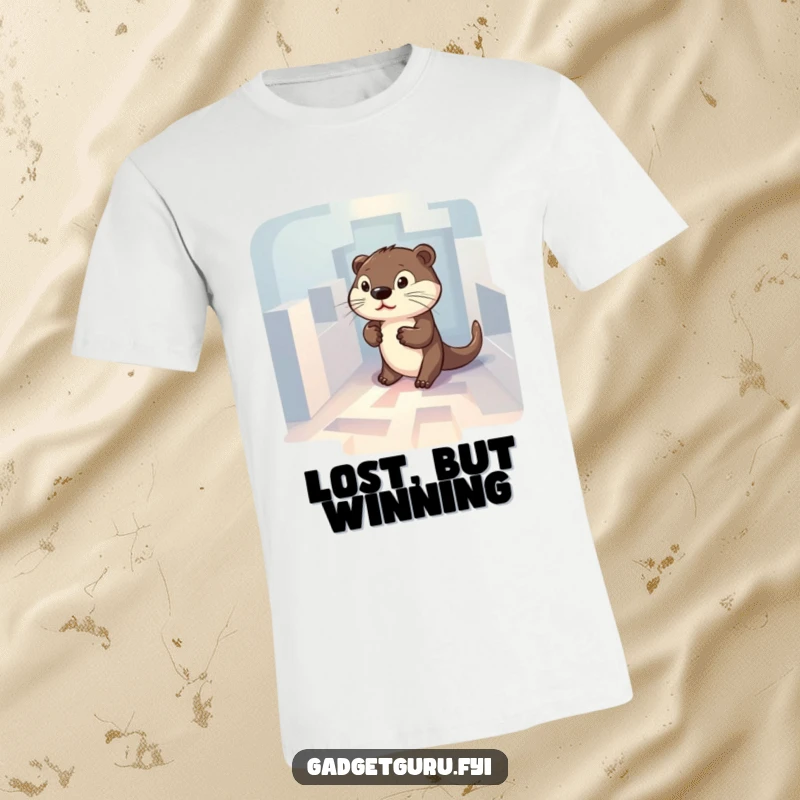 Funny t-shirt of a determined otter character navigating a small, glowing maze with focus and persistence.
