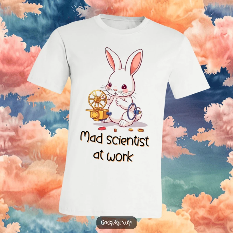 Funny t-shirt print of a focused rabbit with gears and tools, building a small, intricate contraption with a determined expression.
