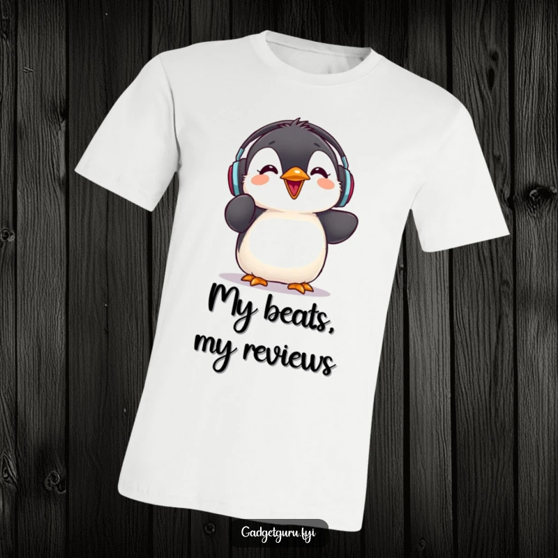 Funny penguin chick t-shirt, wearing headphones and excitedly giving a rave review, perfect for music fans.