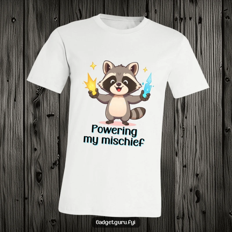Funny Raccoon T-Shirt: A happy raccoon juggles three bright, glowing power sources with impressive dexterity.