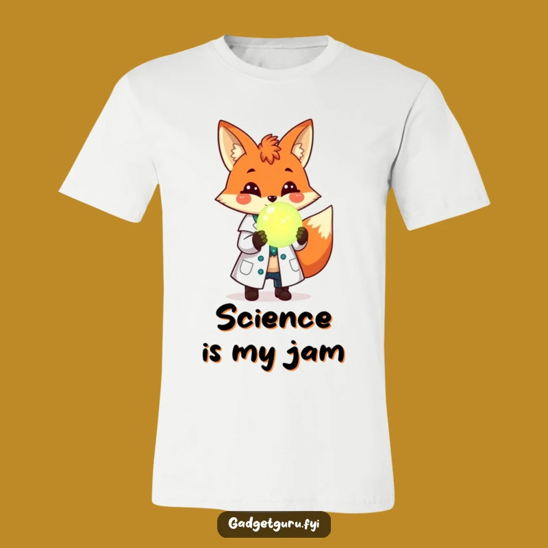 Funny Fox Scientist T-Shirt: Cheerful Lab Coat Fox Holds Glowing Orb, Ideal Funny Gift