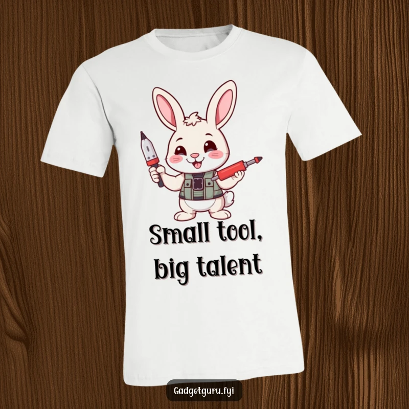 Funny t-shirt features a cheerful bunny character holding a small screwdriver with confidence, ready to tackle any repair job.