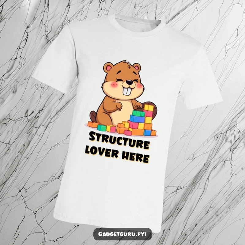 Funny t-shirt of a giggling beaver character enthusiastically building using tiny, glowing, colorful blocks, radiating pure joy.