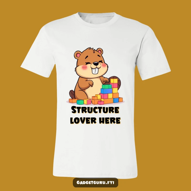 Funny Beaver T-Shirt: Giggling Character Enthusiastically Building Tiny Glowing Blocks
