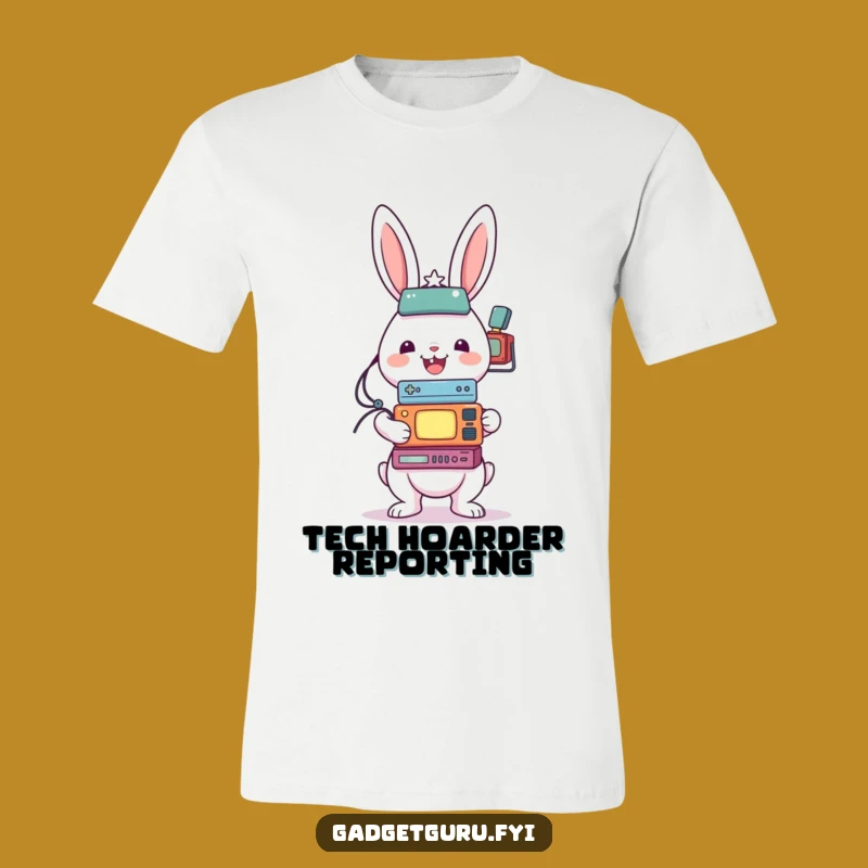 Funny Rabbit Tech Tower T-Shirt: Hilarious Gadget Balancing Act Tee Gift