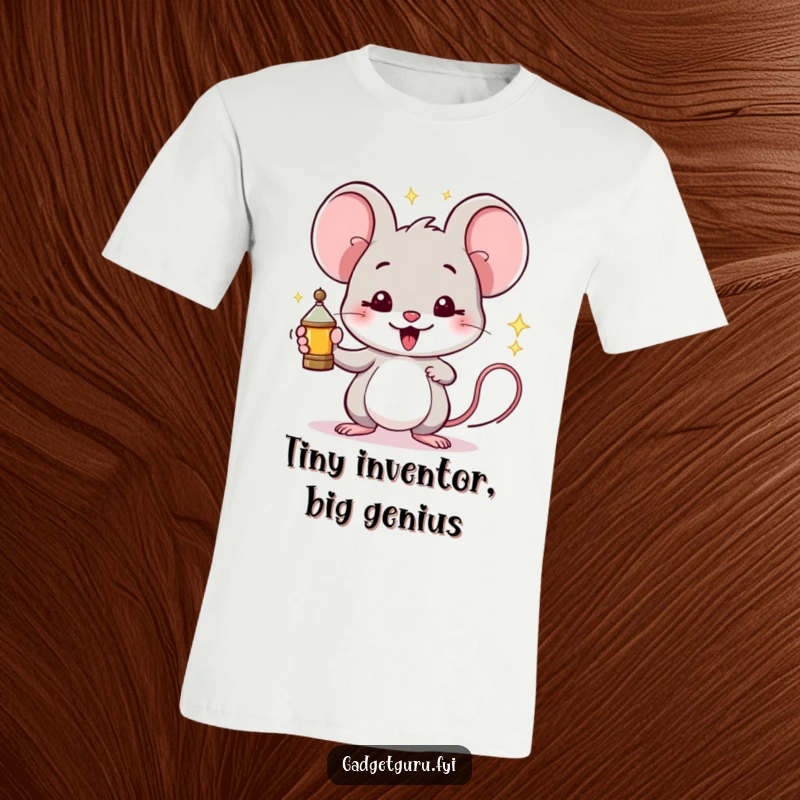 Funny Mouse T-Shirt: A proud mouse proudly displays a small, sparking invention it created.