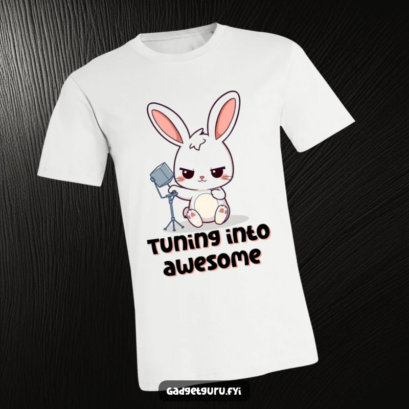 Funny rabbit t-shirt featuring a determined cartoon rabbit adjusting a miniature satellite dish, ideal for tech-savvy individuals.