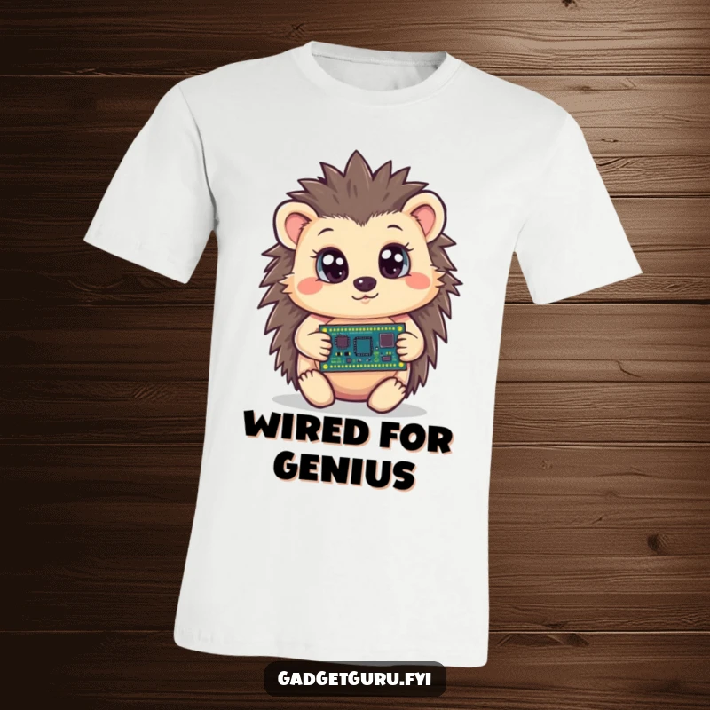 Funny hedgehog t-shirt featuring a curious character holding a tiny circuit board with wide eyes, ideal for tech-minded individuals.