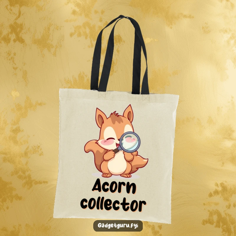 Funny Tote Bag featuring a playful squirrel character excitedly examining with a magnifying glass, perfect for carrying nature finds.
