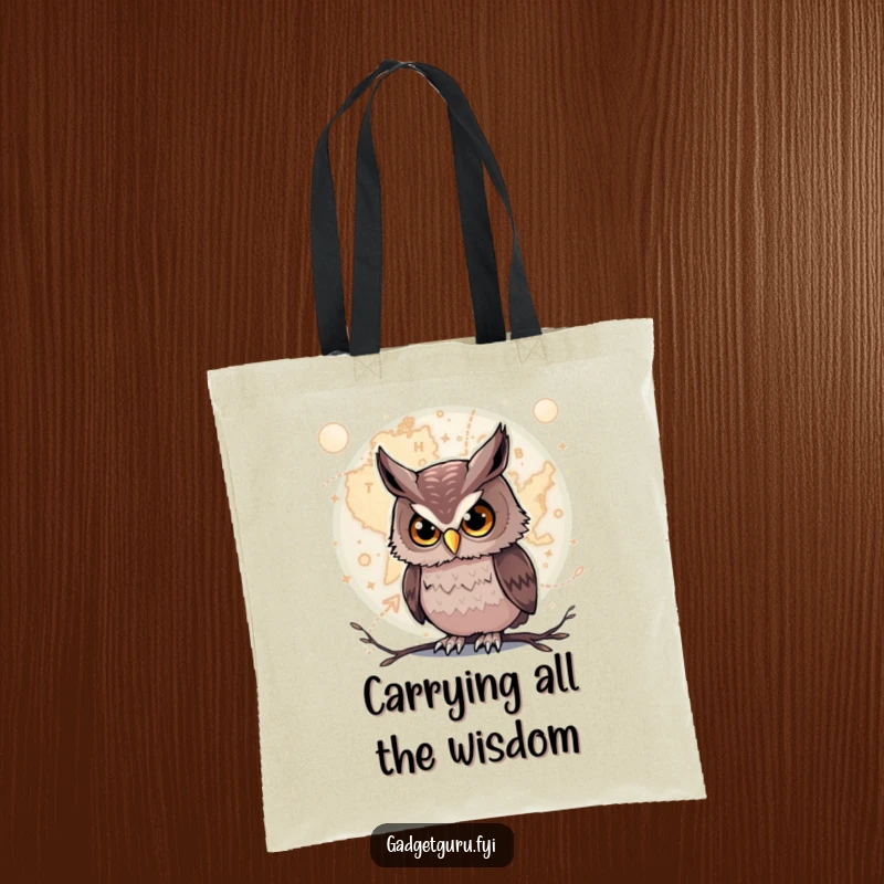 Funny Owl Tote Bag: A curious owl examines a complex, glowing map, perfect for carrying books and treasures.