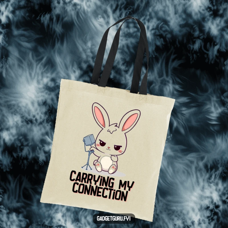 Funny rabbit tote bag showcasing a determined cartoon rabbit adjusting a miniature satellite dish, a humorous accessory for tech lovers.