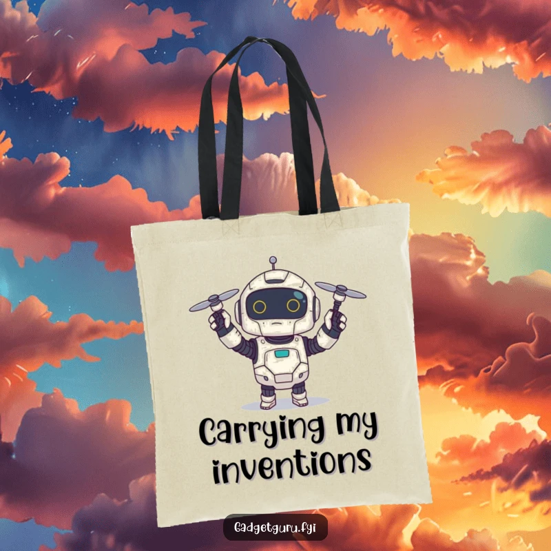 Funny tote bag illustration of a small, excited robot character holding a tiny spinning drone, a humorous and practical carry-all.