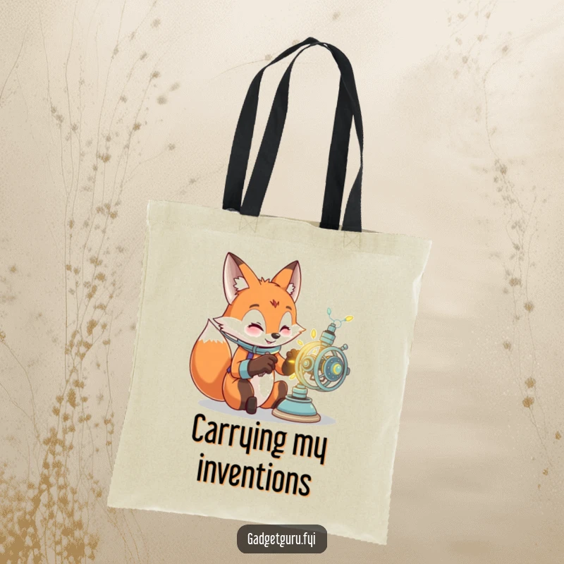 Funny tote bag illustrated with a focused fox character intently building a glowing, intricate gadget, perfect for carrying your creative tools.