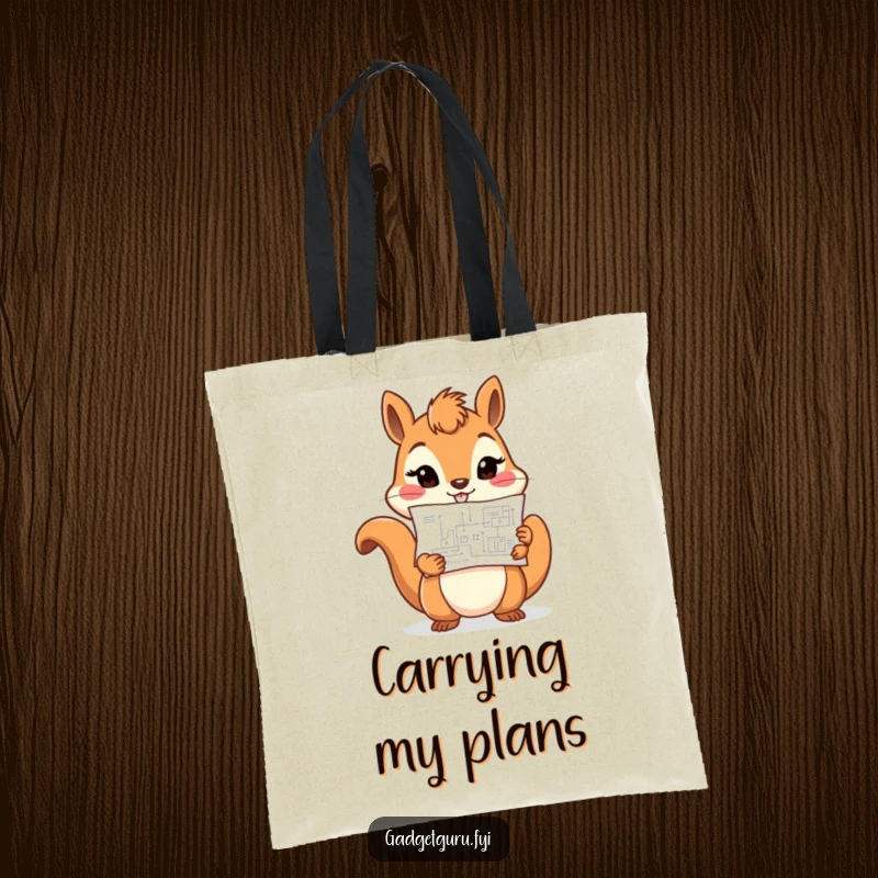 Funny cheerful squirrel character holding a tiny blueprint with a determined look, printed on a durable, funny tote bag.