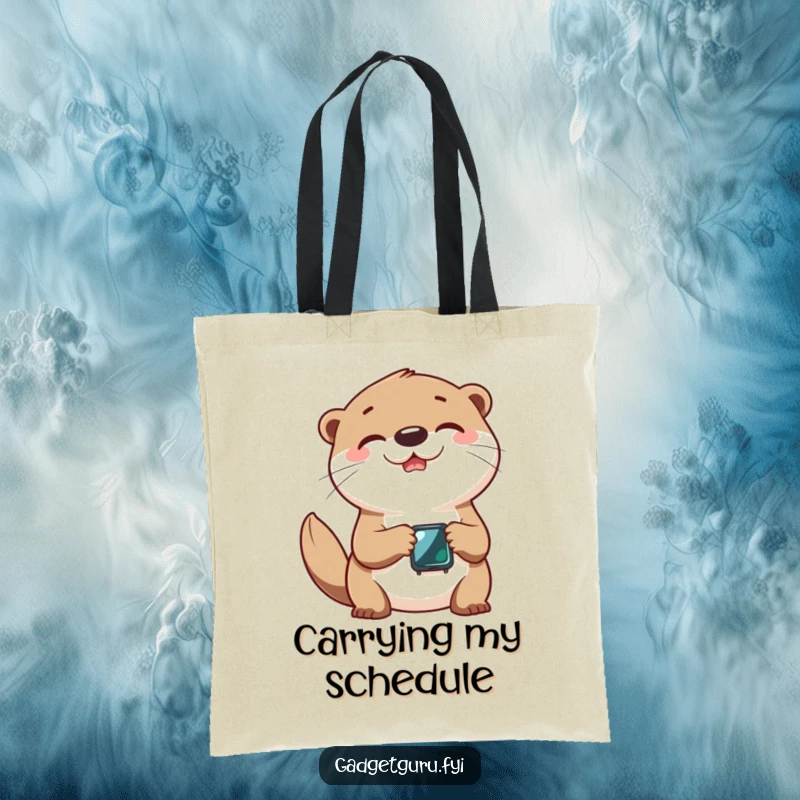 Funny tote bag showcasing a cheerful otter character happily playing with a tiny, glowing smartwatch.