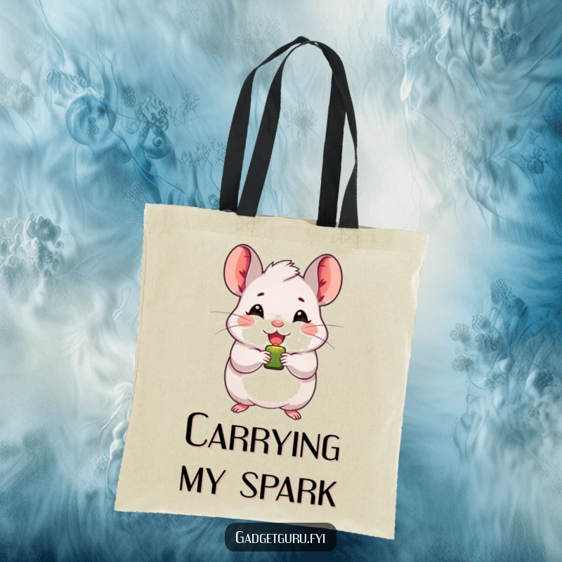 Funny chinchilla tote bag with a beaming character holding a small, blinking light, perfect for carrying essentials with cheerful flair.