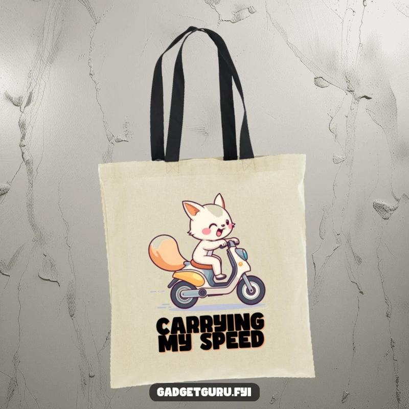 Funny tote bag featuring an energetic animal character on a miniature, futuristic scooter, perfect for carrying essentials with speedy humor.